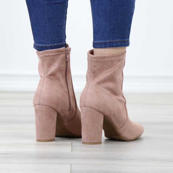 Pointed Toe Pink Faux Suede Block High Heel Above Ankle Boots - Picture 8 of 14
